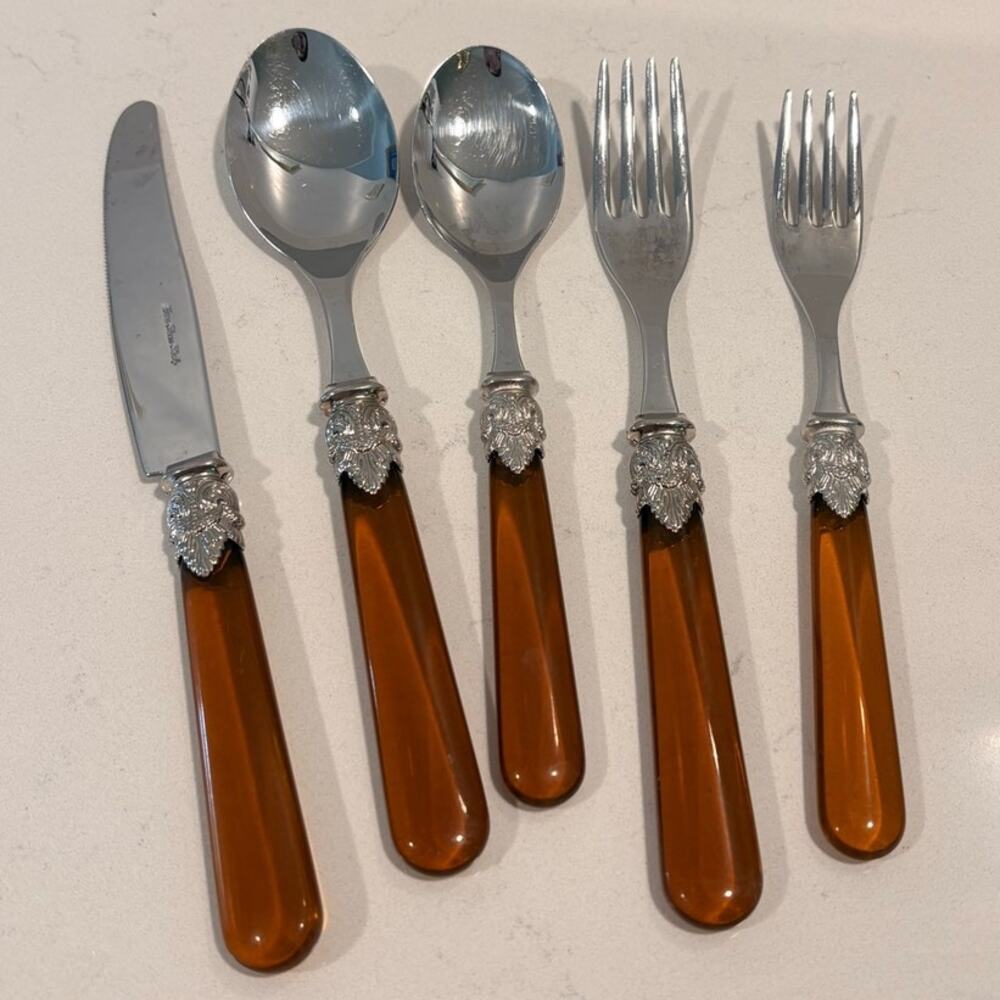 EME Italy 18/10 Stainless Flatware Set Amber Lucite Handles Service for 7/35 Pc